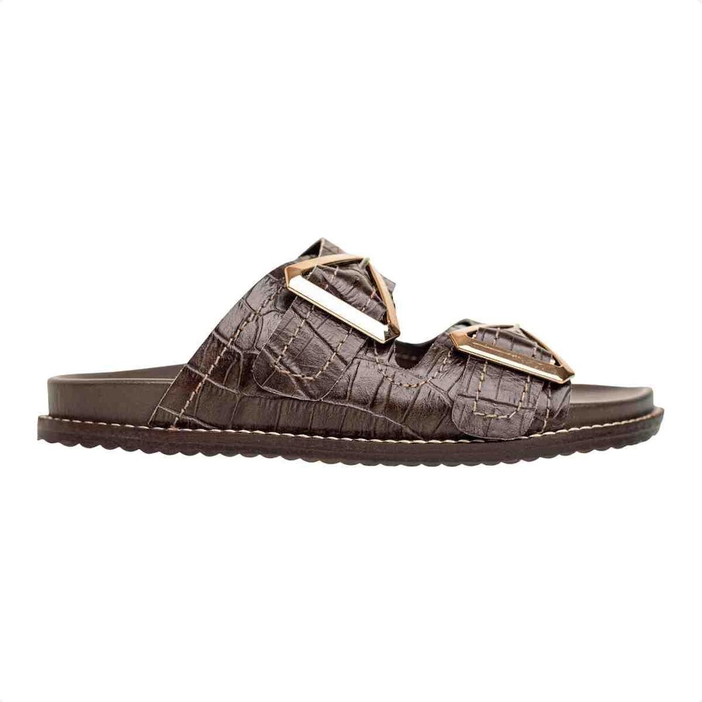 PAPETE FLAT FEMININA CROCO FIVELA THAMI DM COURO CAFÉ