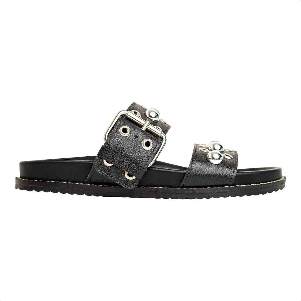 PAPETE FLAT FEMININA MINI BOLAS KAMI DM COURO PRETA