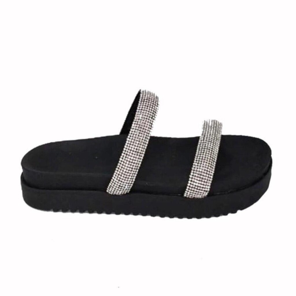 Papete Flatform Leruchel Tiras Strass Preto