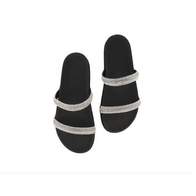 Papete Flatform Leruchel Tiras Strass Preto