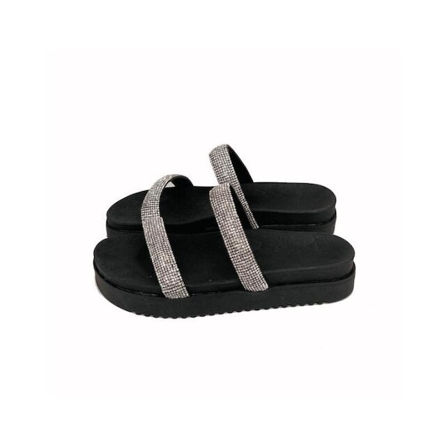 Papete Flatform Leruchel Tiras Strass Preto