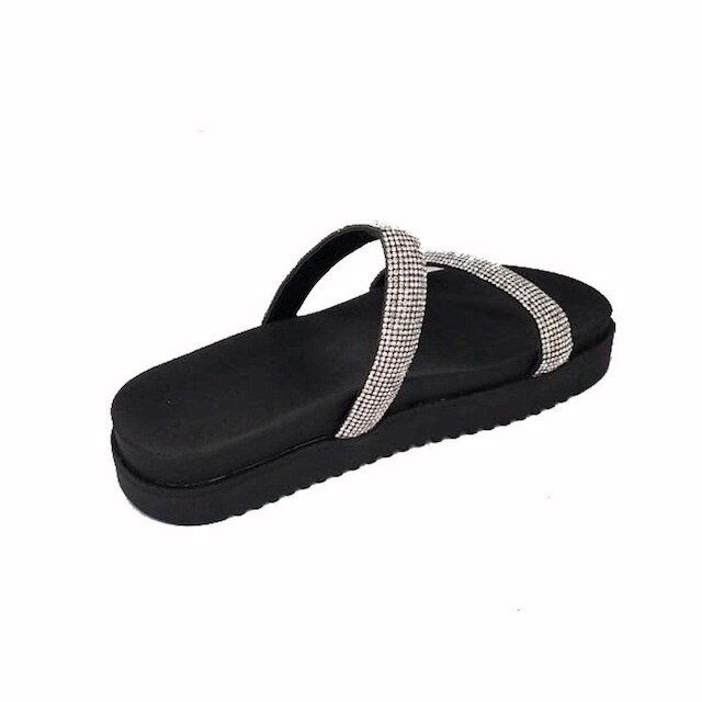Papete Sandália Feminina Slide Strass Preta Sola Micro Expandido