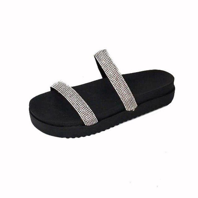Papete Sandália Feminina Slide Strass Preta Sola Micro Expandido