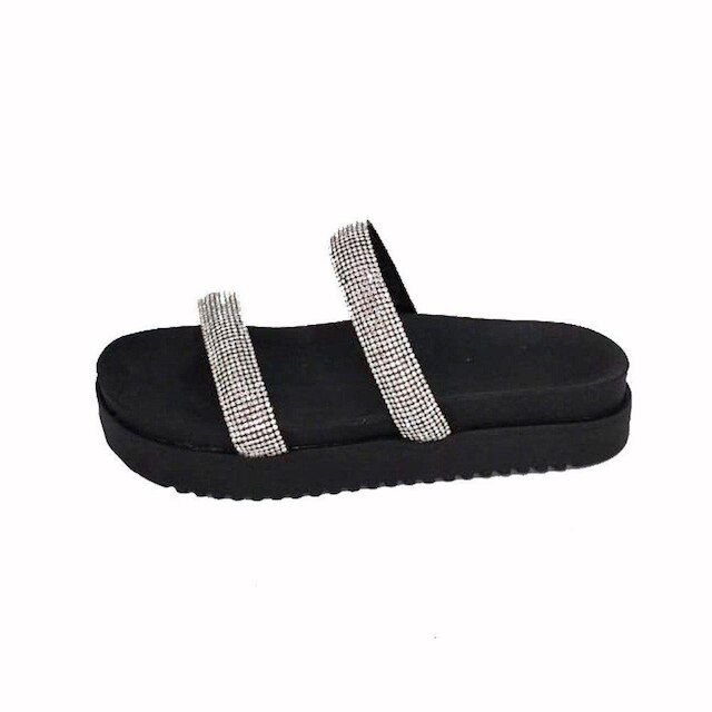 Papete Sandália Feminina Slide Strass Preta Sola Micro Expandido