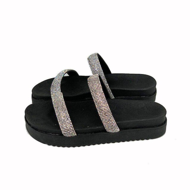Papete Sandália Feminina Slide Strass Preta Sola Micro Expandido