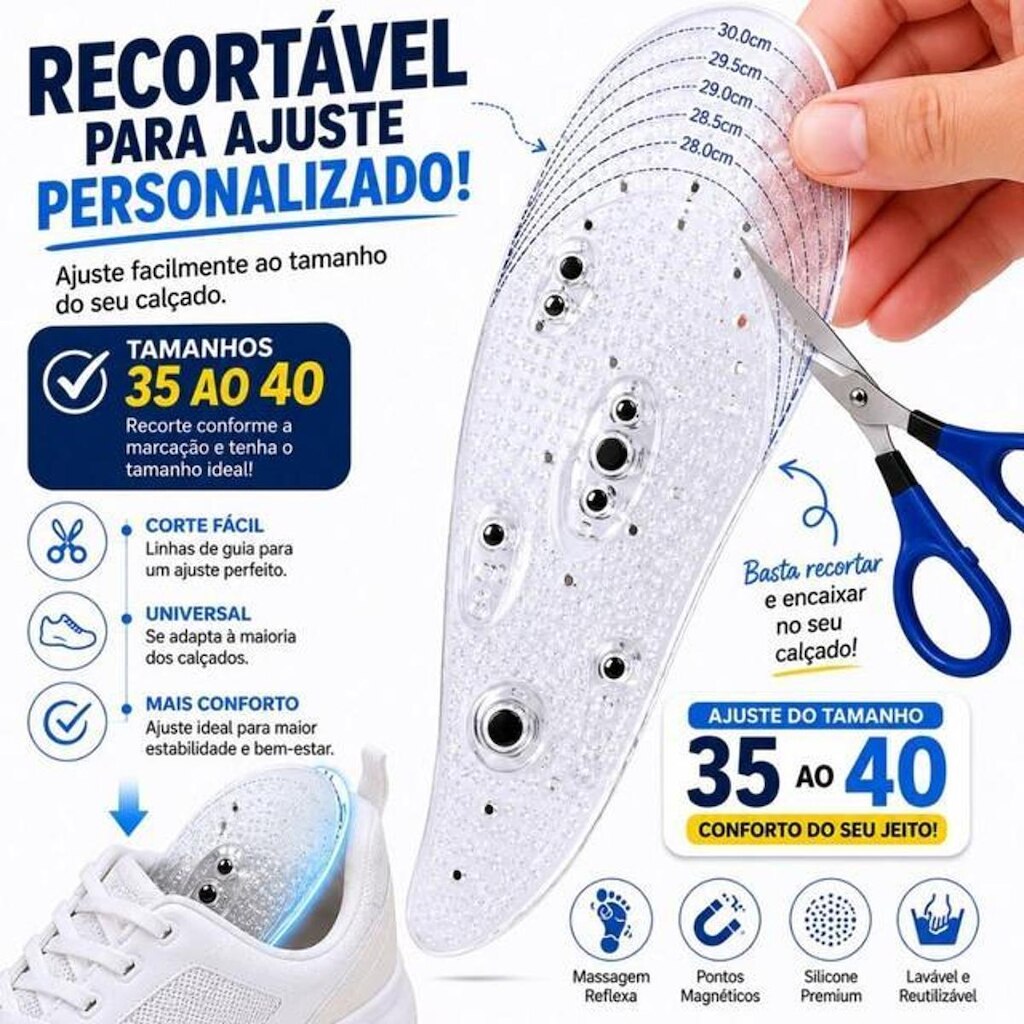 Par Palmilha Magnética de Silicone Anatômica Massageadora Alivia Dor Reutilizável