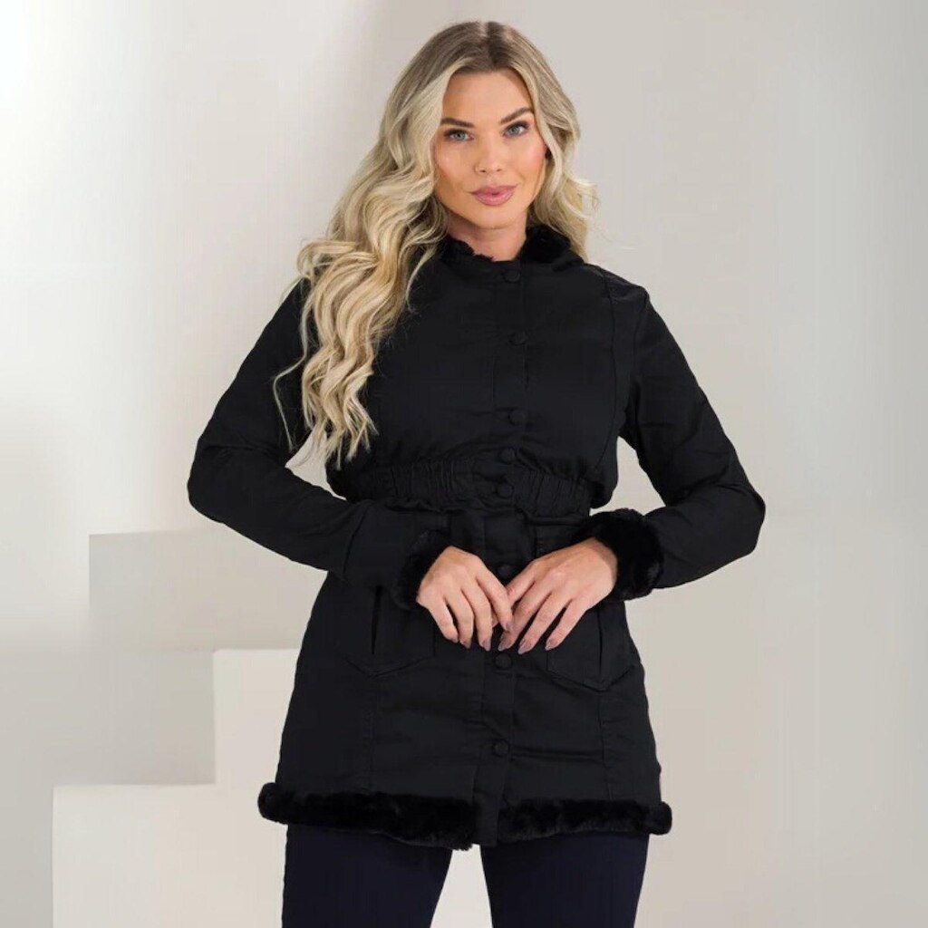 Parka Feminina Sarja Forrada Peluciada Diamante Negro (não desbota) Capuz Removível