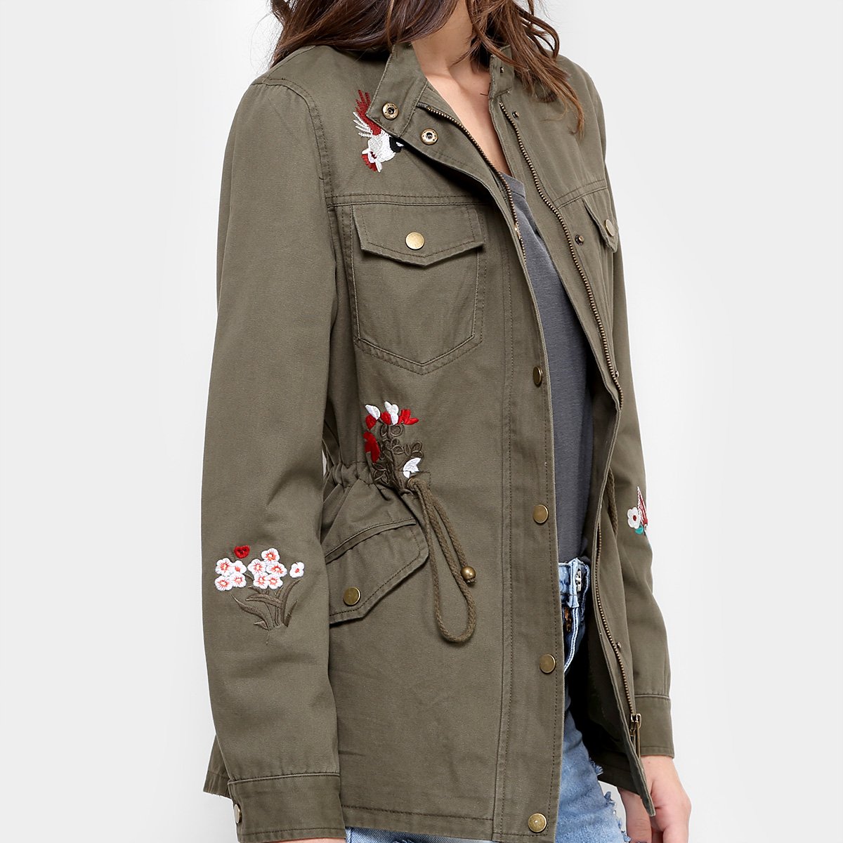 Parka Sarja Facinelli Bordado Feminina - Verde Militar | Zattini