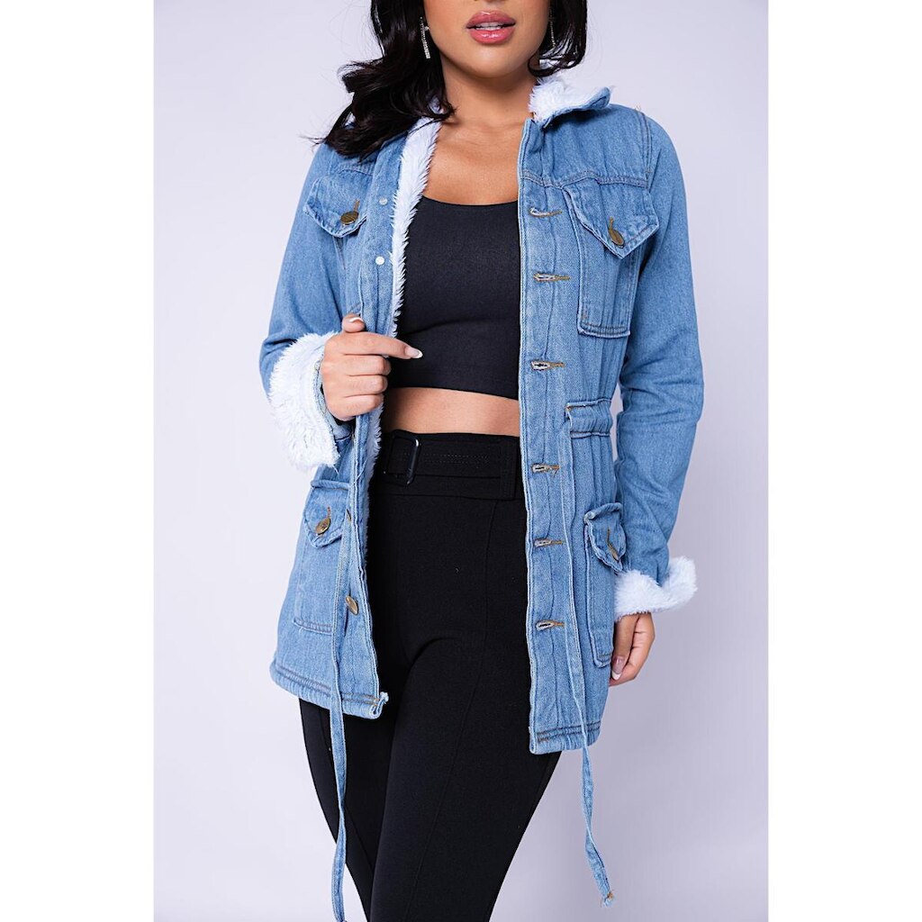 Parka Sobretudo Forrada Casaco De Inverno Feminino Jaqueta Jeans