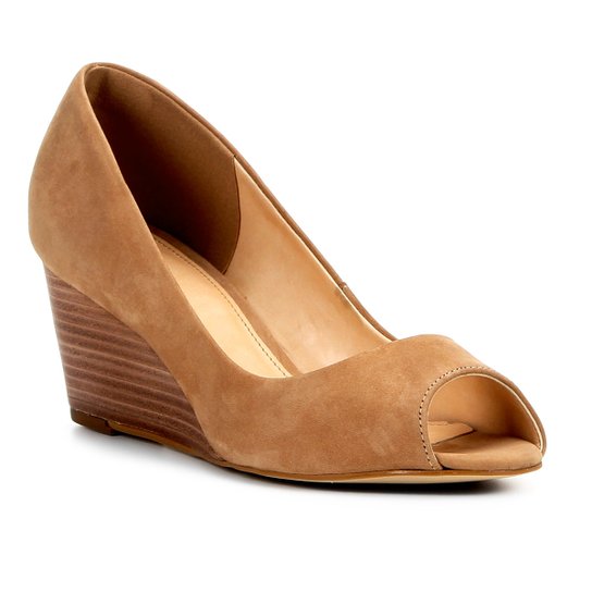 Peep Toe Couro Shoestock Anabela Básico Fachete - Marrom Claro