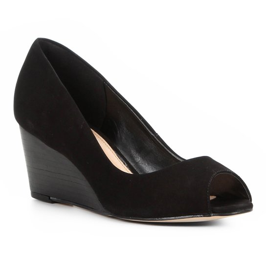 Peep Toe Couro Shoestock Anabela Básico Fachete - Preto