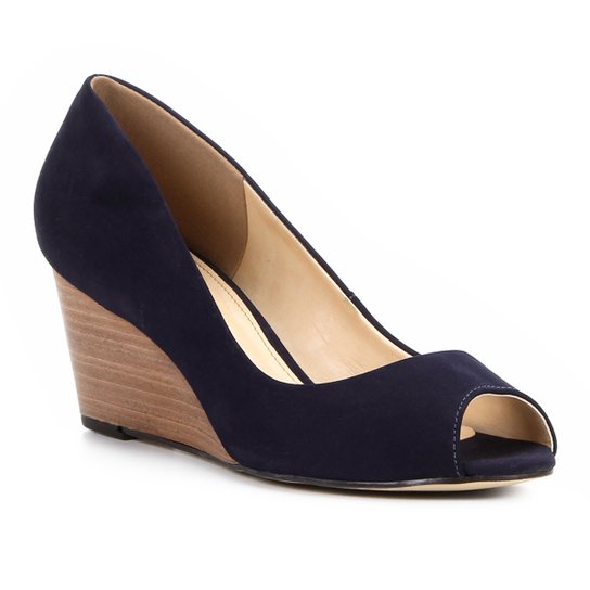Peep Toe Couro Shoestock Anabela Básico Fachete - Marinho