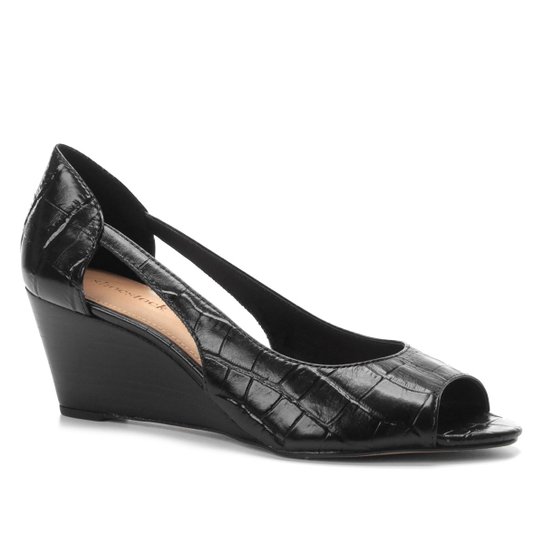 Peep Toe Couro Shoestock Anabela Croco - Preto