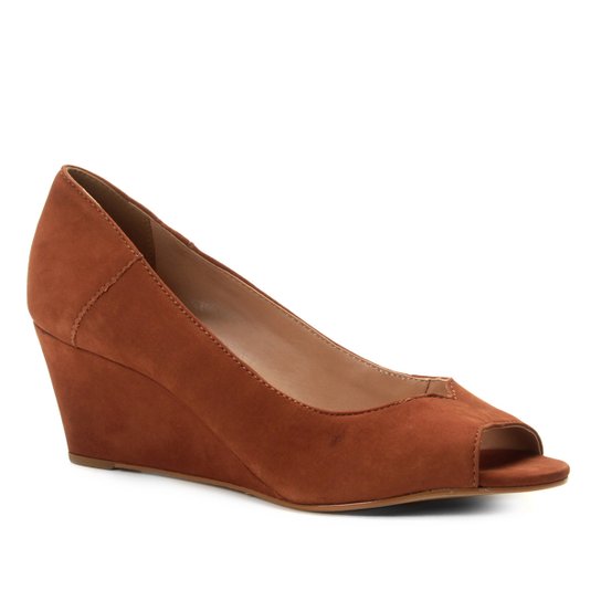 Peep Toe Couro Shoestock Anabela Nobuck - Caramelo