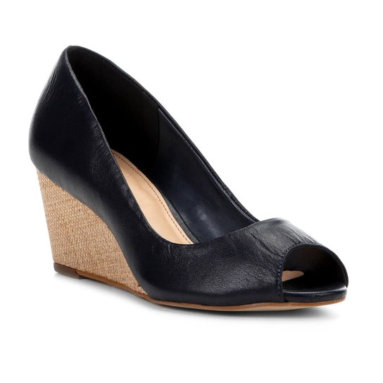 Peep Toe Couro Shoestock Anabela Ráfia - Marinho