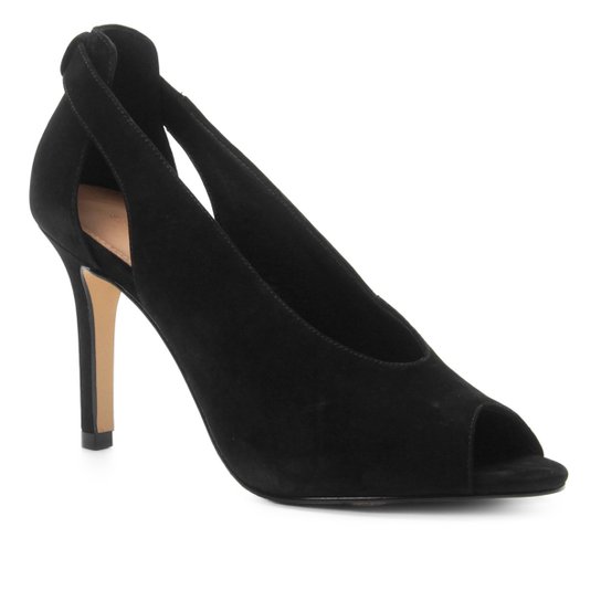 Peep Toe Couro Shoestock Nobuck Salto Fino - Preto