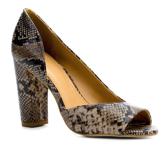 Peep Toe Couro Shoestock Salto Alto Snake - Cinza