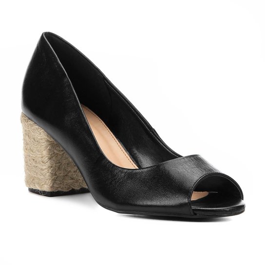 Peep Toe Couro Shoestock Salto Bloco Corda - Preto