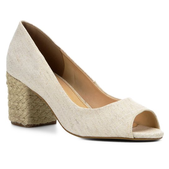 Peep Toe Couro Shoestock Salto Bloco Liso - Bege