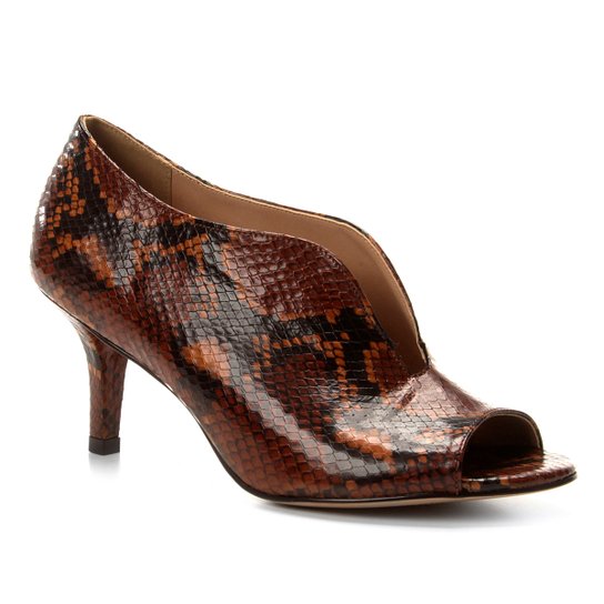 Peep Toe Couro Shoestock Snake High Vamp - Caramelo