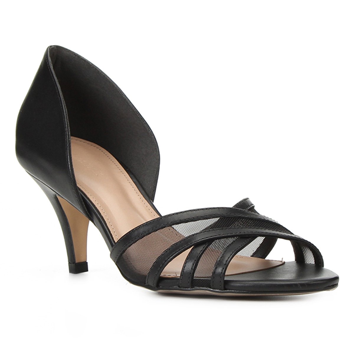 Peep Toe Couro Shoestock Tela Salto Médio - Preto Menor preço em Peep Toe Couro Shoestock Tela Salto Médio - Preto