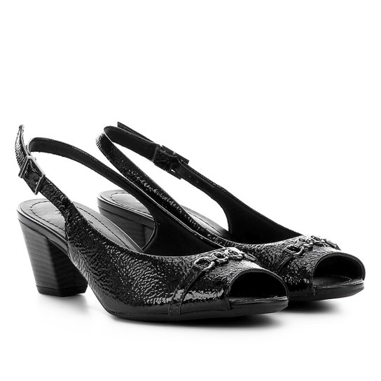 Peep Toe Couro Usaflex Fivela Chanel Salto Grosso Feminino - Preto