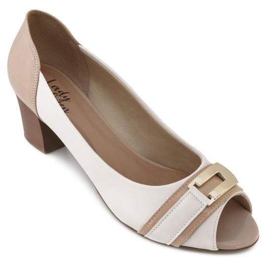 Peep Toe Lady Queen Aline Melo Salto Grosso Feminino - Branco+Nude