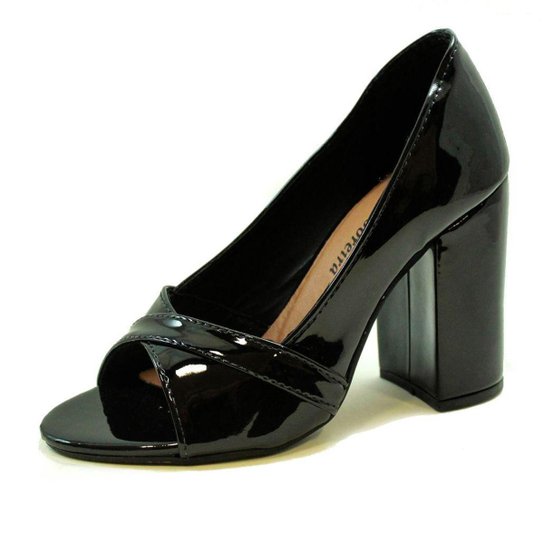 Peep Toe Salto Grosso Verniz Luiza Sobreira Feminino - Preto