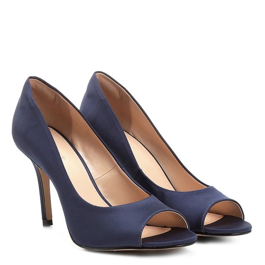 Peep Toe Shoestock Liso Cetim - Marinho