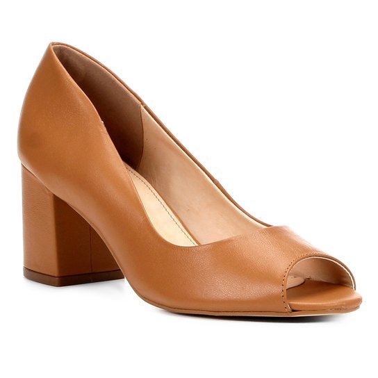 Peep Toe Shoestock Salto Grosso Básico - Caramelo