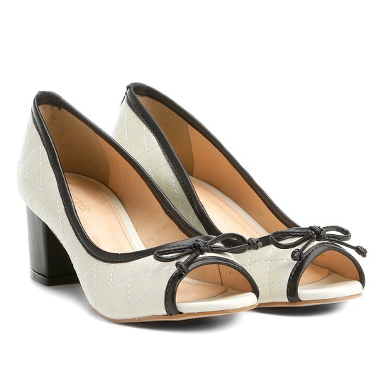 Peep Toe Shoestock Salto Grosso Matelassê - Preto+Off White