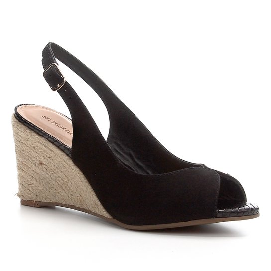 Peep Toe Shoestock Slingback Anabela Nobuck - Preto