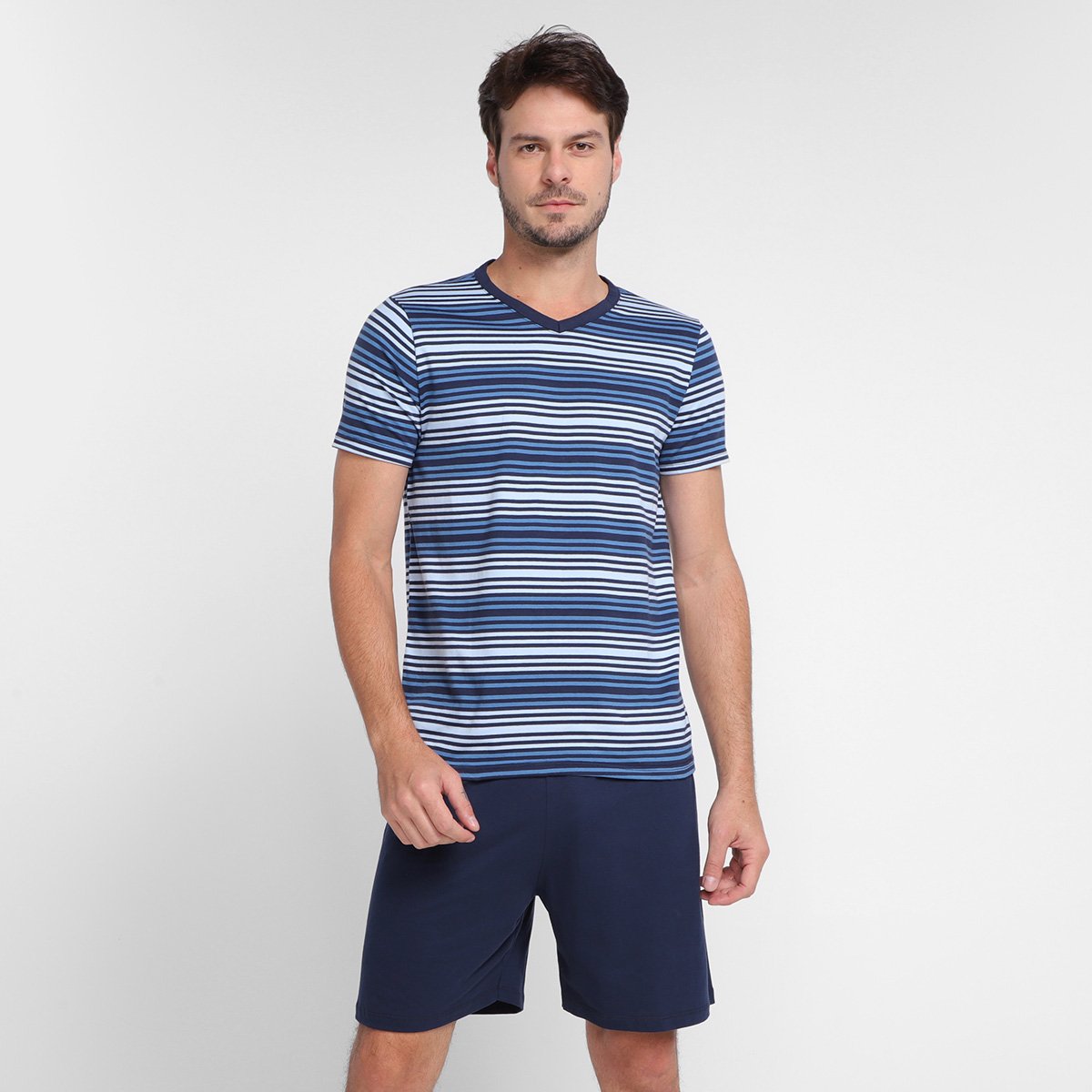 Pijama Adulto Malwee Listrado Curto Masculino - Cinza Menor preço em Pijama Adulto Malwee Listrado Curto Masculino - Cinza