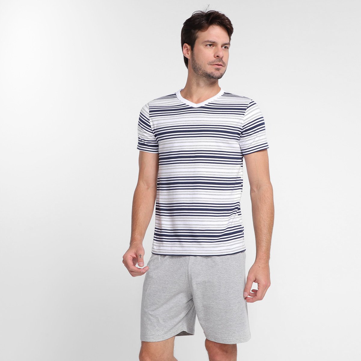 Pijama Adulto Malwee Listrado Curto Masculino - Branco+Azul Menor preço em Pijama Adulto Malwee Listrado Curto Masculino - Branco+Azul