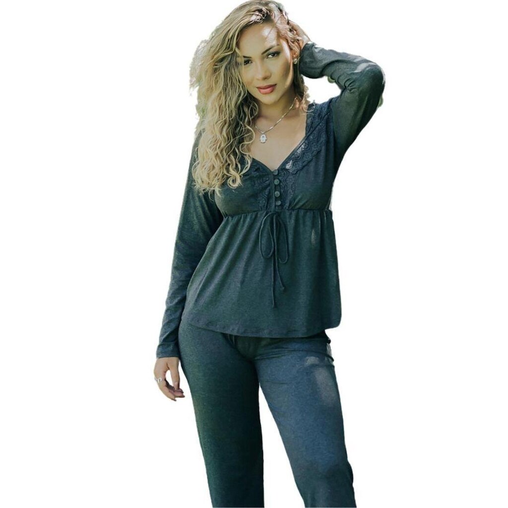 Pijama  Amamentação Com Botão Inverno Confort Viscolycra