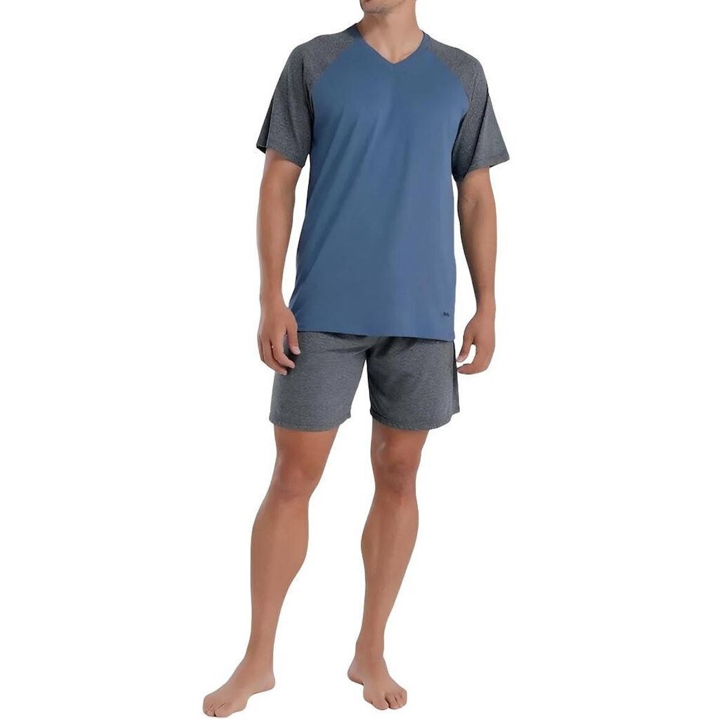 Pijama Curto Algodão Manga Raglan e Gola V