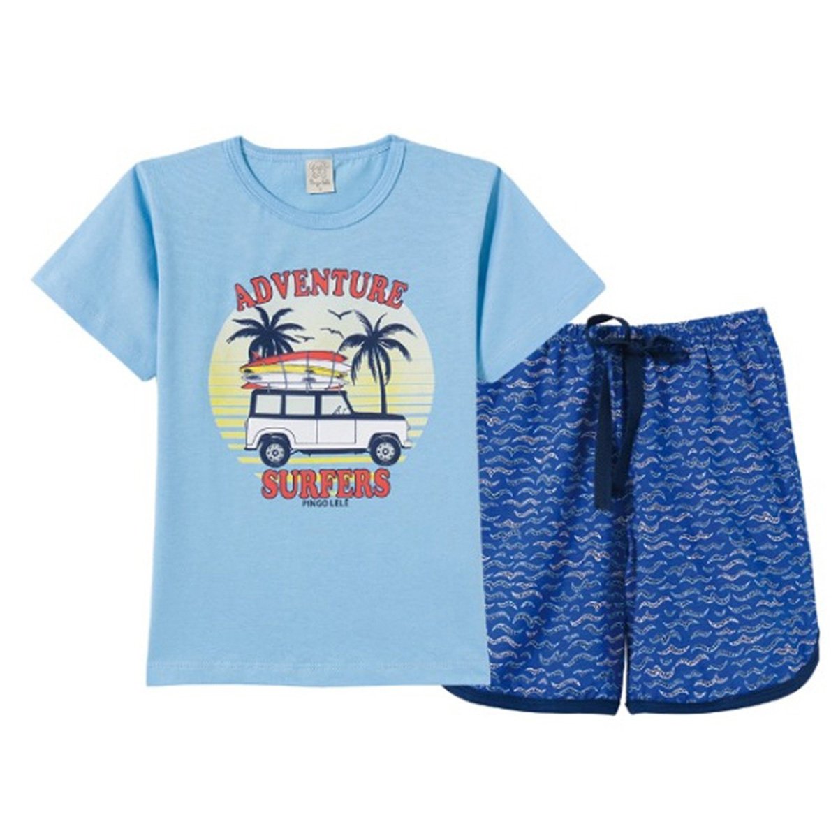 Pijama Curto Bebê Pingo Lelê Adventure Surfers Masculino - Azul Menor preço em Pijama Curto Bebê Pingo Lelê Adventure Surfers Masculino - Azul