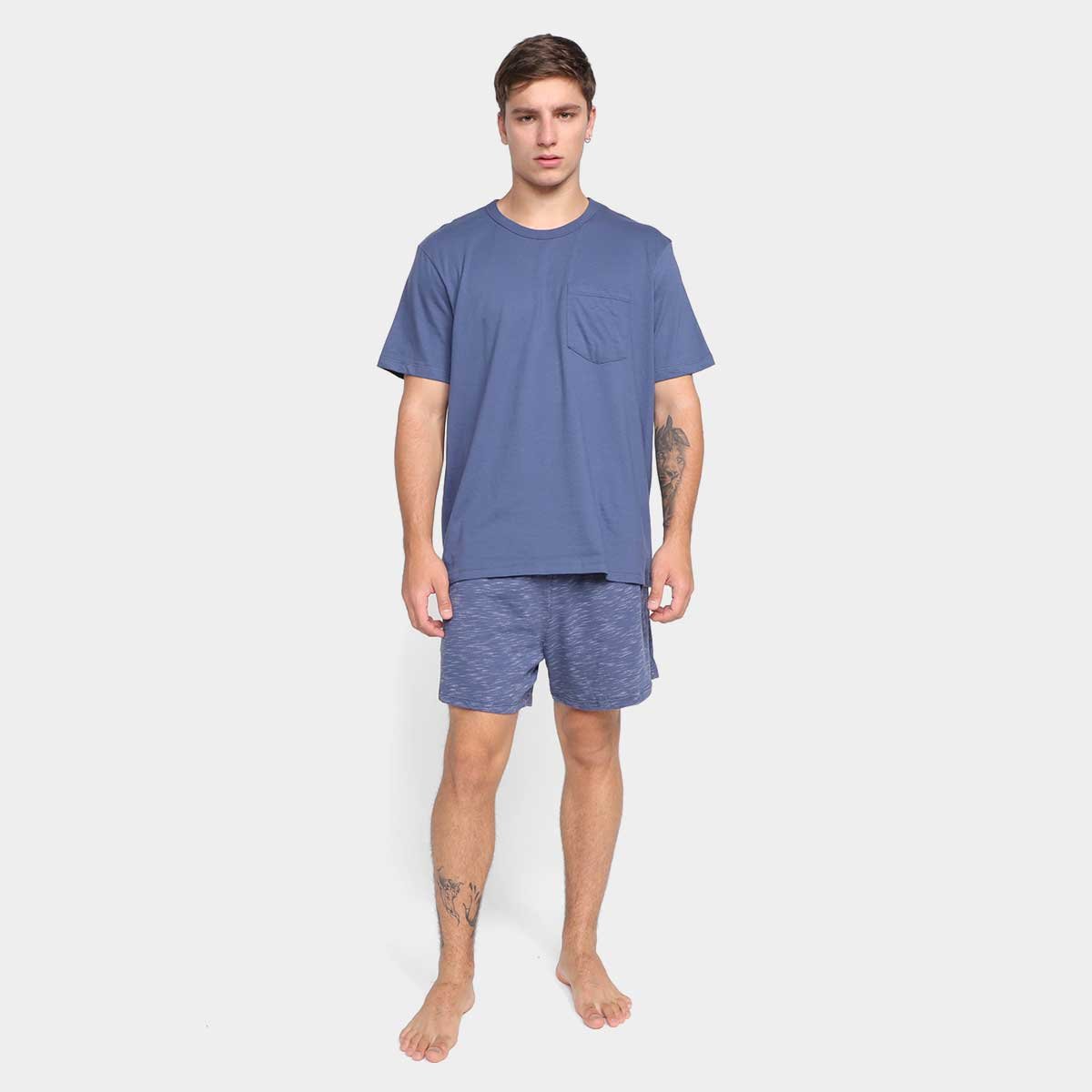Pijama Curto Hering Básico Masculino - Azul Menor preço em Pijama Curto Hering Básico Masculino - Azul