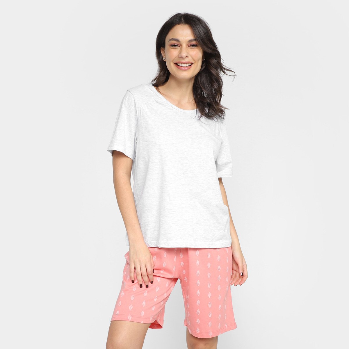Pijama Curto Hering Camiseta + Bermuda Feminino - Off White Menor preço em Pijama Curto Hering Camiseta + Bermuda Feminino - Off White