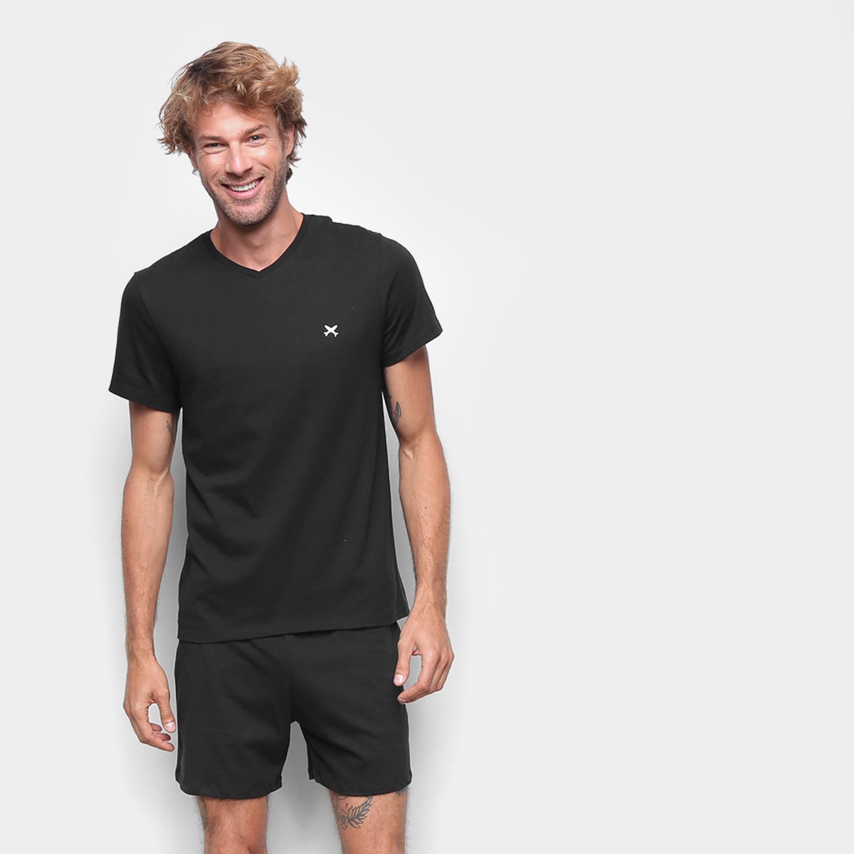 Pijama Curto Hering Mescla Básico Masculino - Preto Menor preço em Pijama Curto Hering Mescla Básico Masculino - Preto