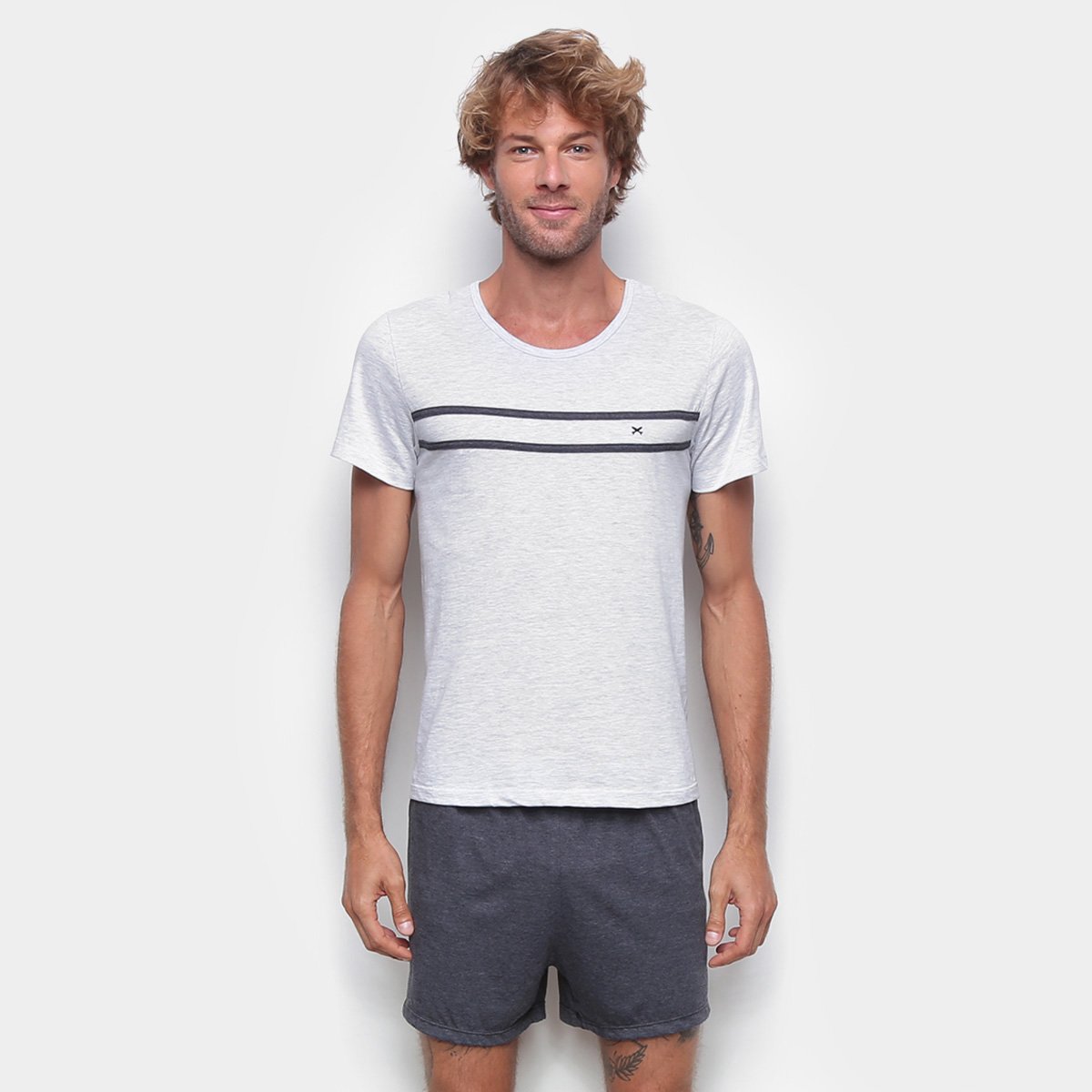 Pijama Curto Hering Mescla Listras Masculino - Branco+Cinza Menor preço em Pijama Curto Hering Mescla Listras Masculino - Branco+Cinza