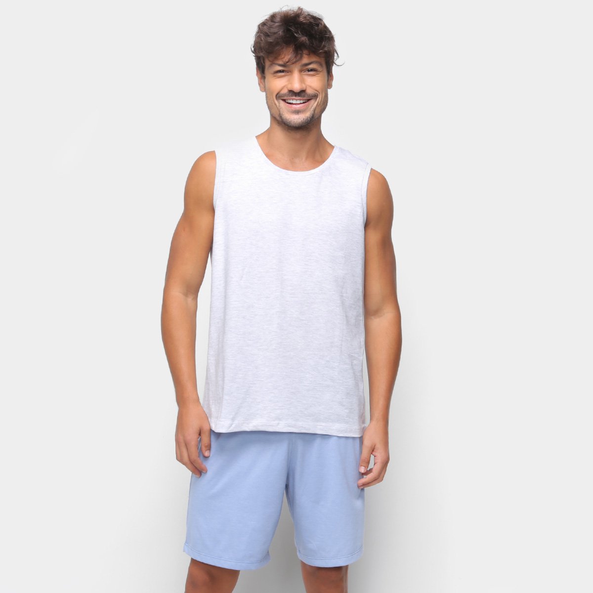 Pijama Curto Hering Regata Mescla Masculino - Jeans Menor preço em Pijama Curto Hering Regata Mescla Masculino - Jeans