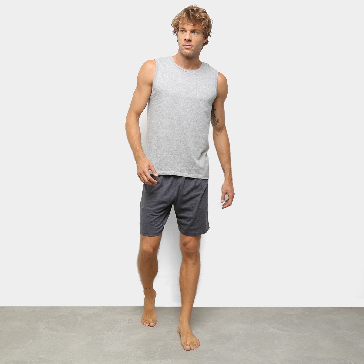 Pijama Curto Hering Regata Mescla Masculino - Branco+Chumbo Menor preço em Pijama Curto Hering Regata Mescla Masculino - Branco+Chumbo