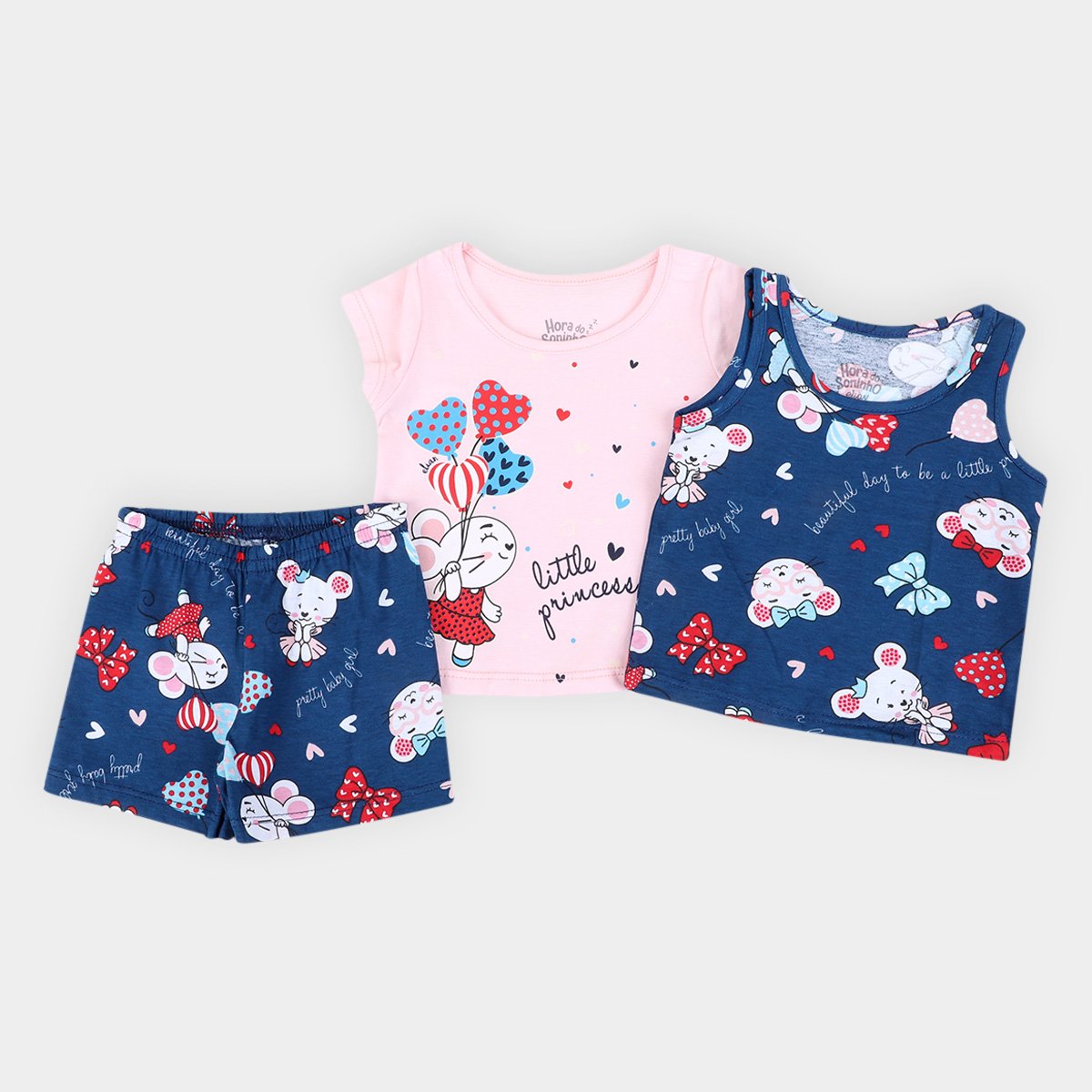 Pijama Curto Infantil Elian Little Princess 3 Peças Feminino - Rosa+Marinho Menor preço em Pijama Curto Infantil Elian Little Princess 3 Peças Feminino - Rosa+Marinho