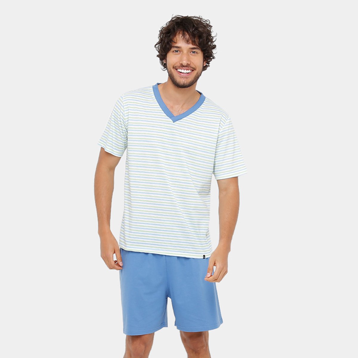 Pijama Curto Lupo Algodão Listrado - Azul Turquesa Menor preço em Pijama Curto Lupo Algodão Listrado - Azul Turquesa