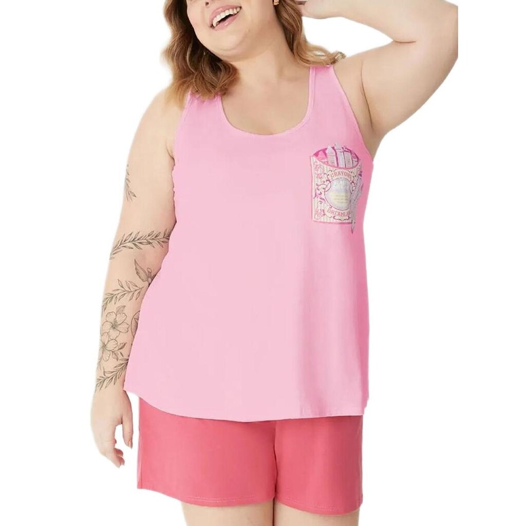 Pijama Curto Malwee 1000133233 Feminino Plus Size Estampado Algodão T. G1/G3