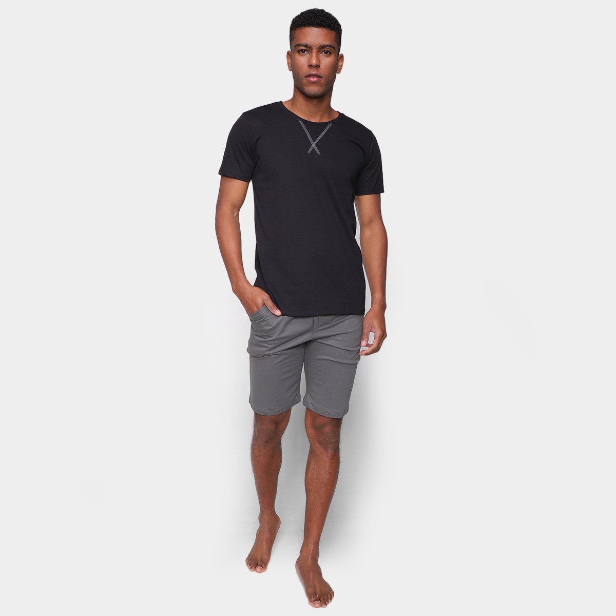 Pijama Curto Volare Liso Masculino - Preto+Cinza Menor preço em Pijama Curto Volare Liso Masculino - Preto+Cinza