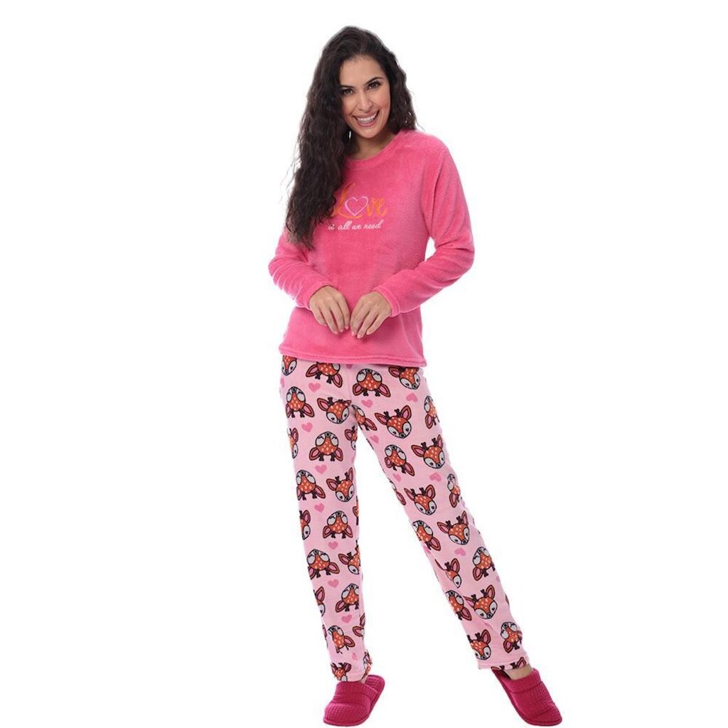Pijama De Frio Feminino Roupa De Dormir Quente Soft Blusa Longa E Calça Estampado Victory