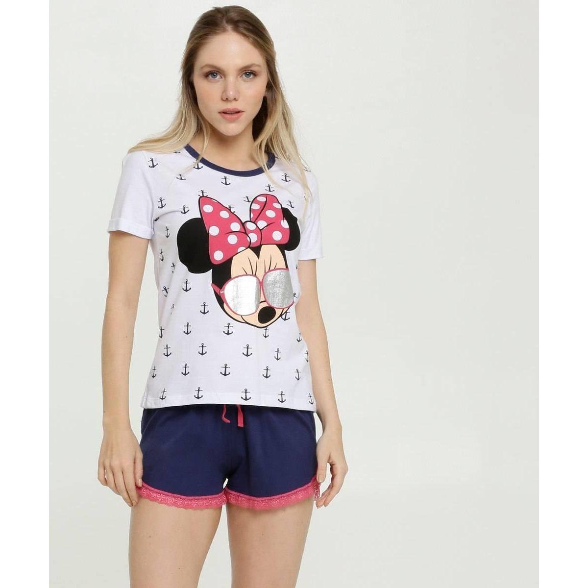 Pijama Estampa Minnie Metalizado Disney Feminino - Branco+Azul | Zattini