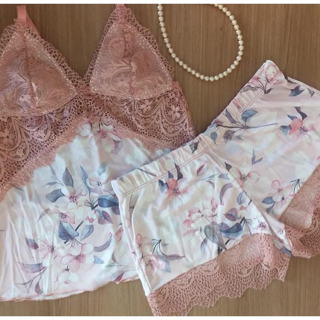 Pijama Feminino Amorelie Renda Em Poliamida Estampado S/bojo